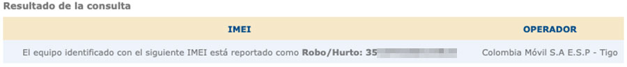 IMEI reportado robo hurto colombia tigo