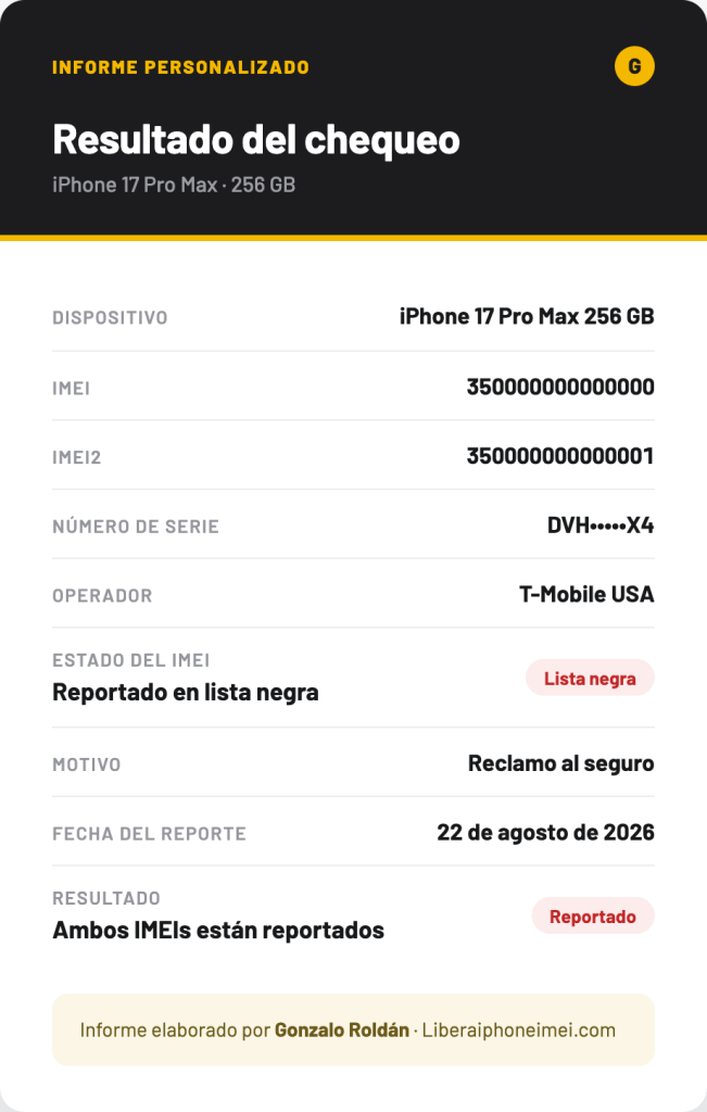 Informe de chequeo de iPhone con IMEI reportado en lista negra