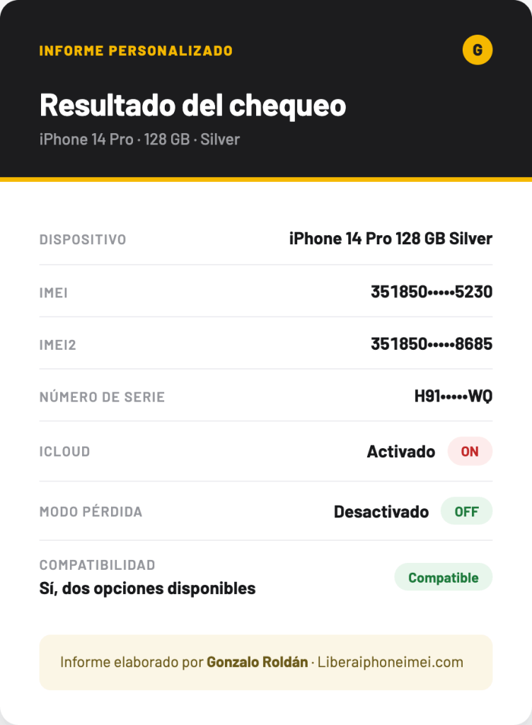 Informe de chequeo iCloud con IMEI, número de serie y estado del bloqueo