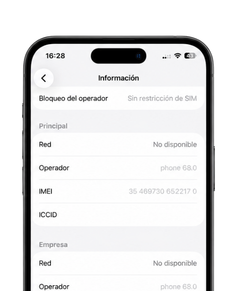 Información de red e IMEI de un iPhone sin servicio